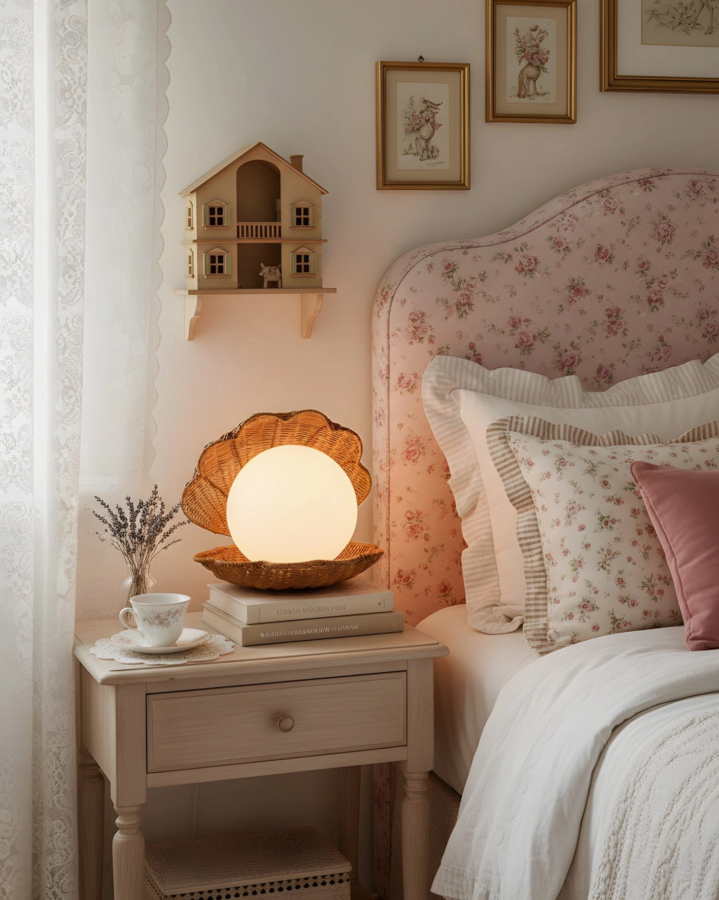 Coastal rattan seashell lamp on bedroom nightstand with pink cottage decor