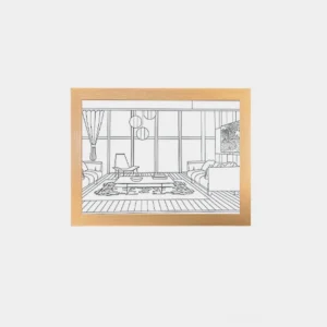 Seaside light art painting with three-color LED in natural oak frame against minimalist gray background