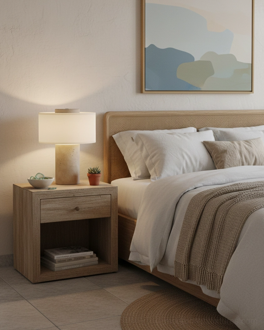 Sediment marble table lamp beside bed on wooden nightstand in cozy master bedroom setting with soft ambient light