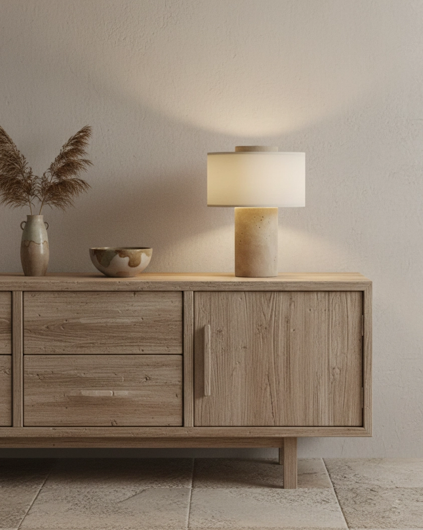 Natural stone table lamp paired with dried pampas grass decoration on minimalist sideboard with neutral warm lighting
