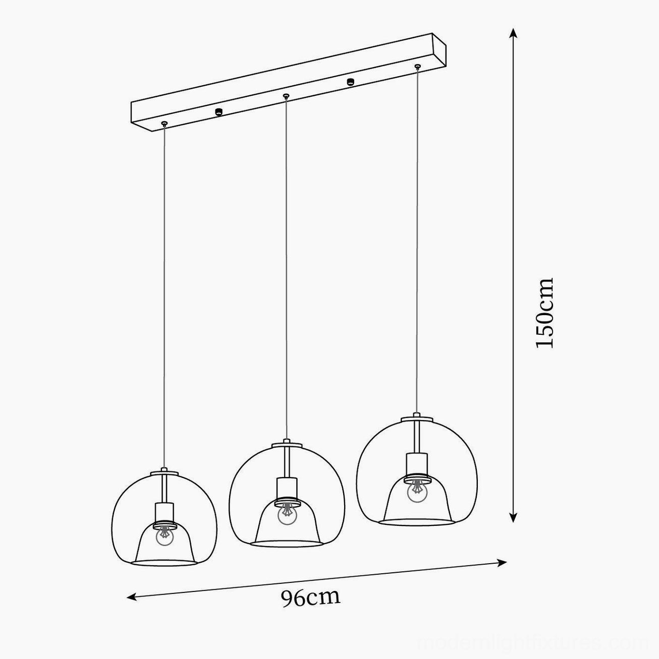 Sedona 3-head linear canopy pendant light technical schematic with linear mount design