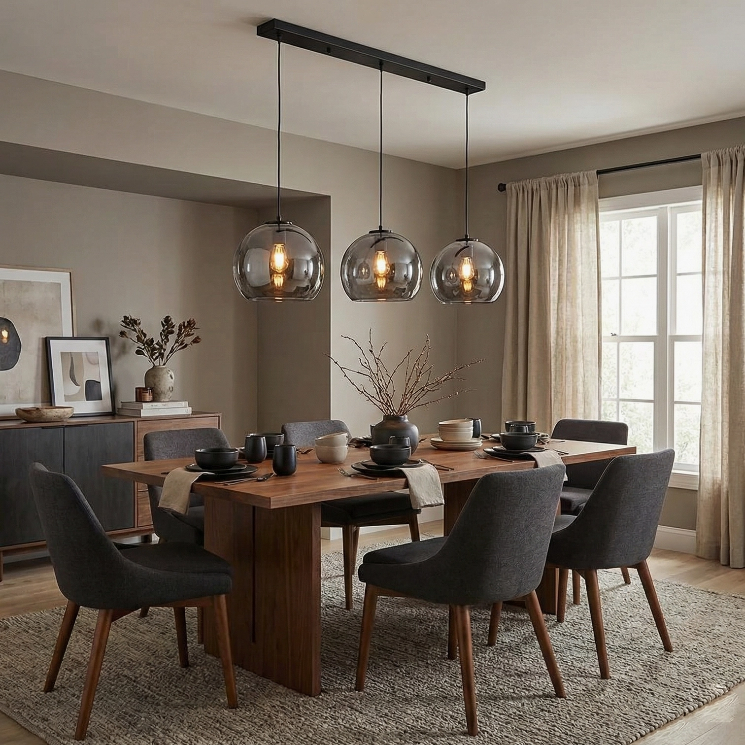Sedona 3-head linear pendant light installation in formal dining room with long wooden table