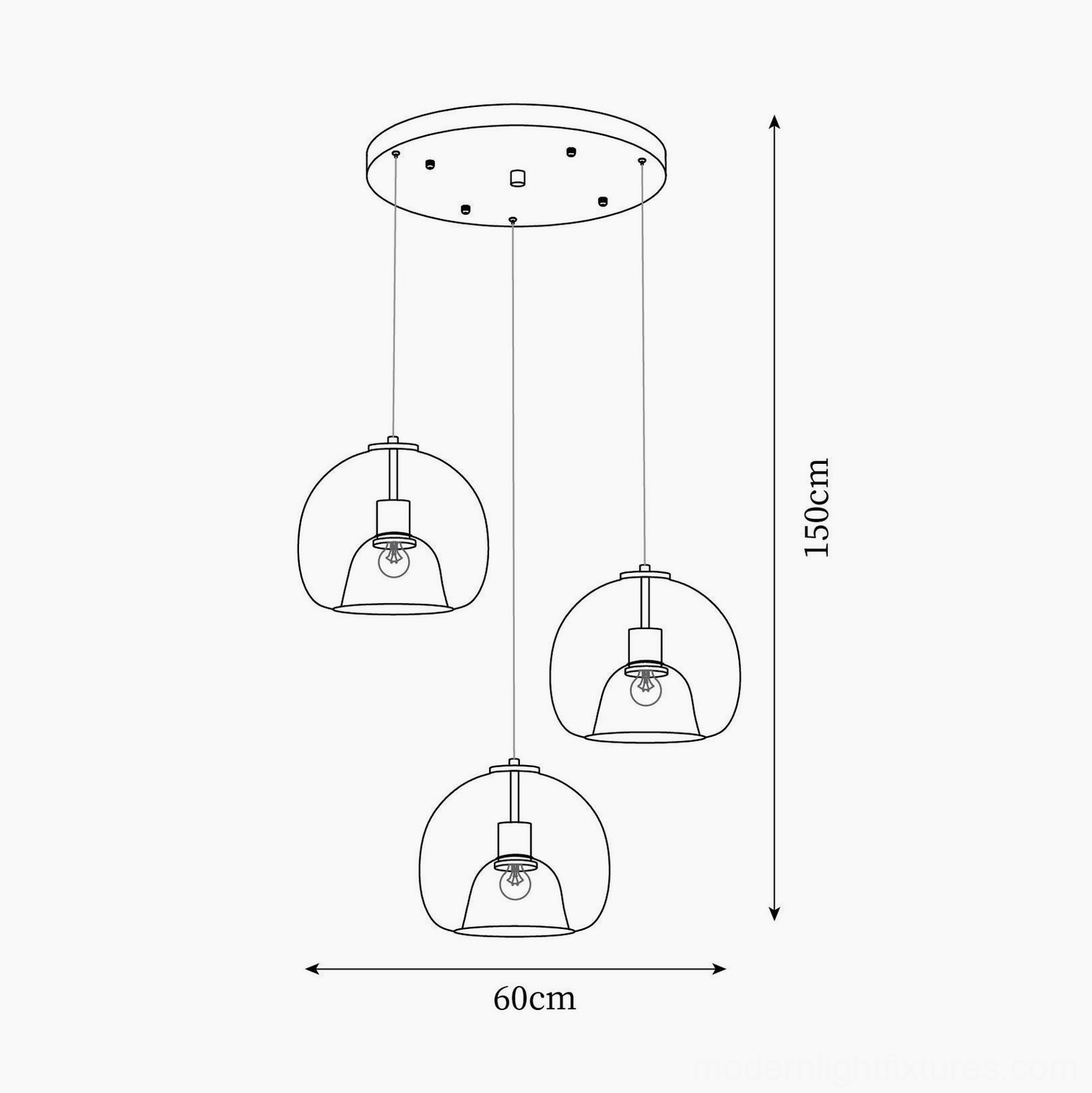 Sedona 3-head round canopy pendant light technical drawing with ceiling mount configuration