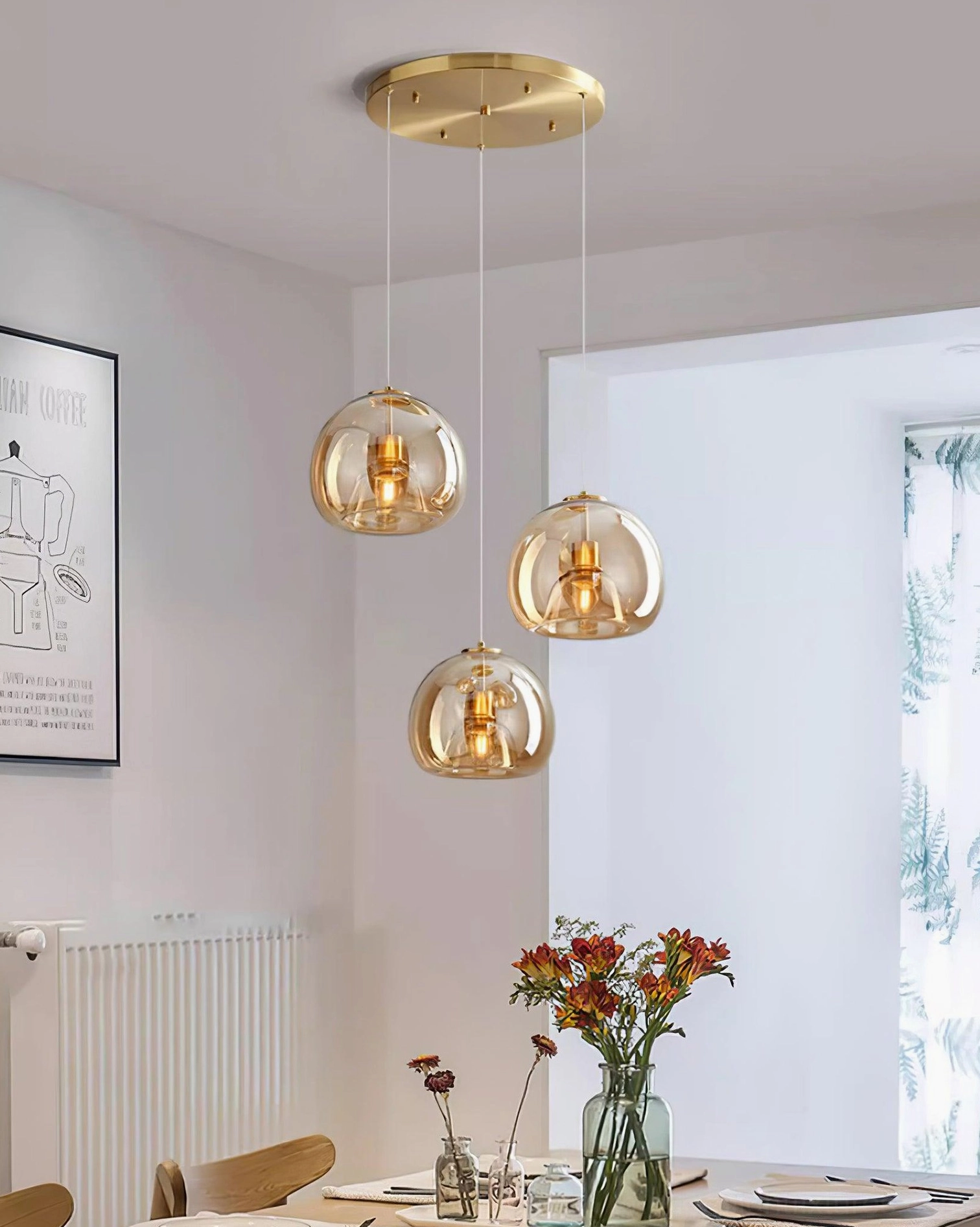 Sedona smoked glass pendant light installation in Scandinavian interior design style