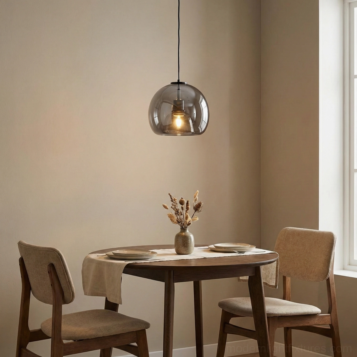 Sedona single smoked glass pendant light above round wooden table in minimalist Nordic interior