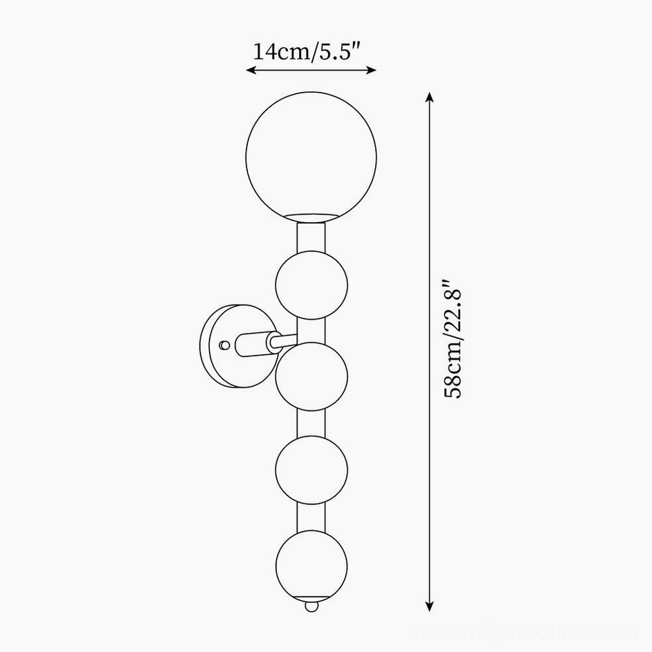 Selene beaded globe wall lamp technical drawing with orthographic projection and dimensions