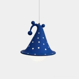 Selmira wizard hat pendant light with royal blue finish and white polka dot perforations, front studio view