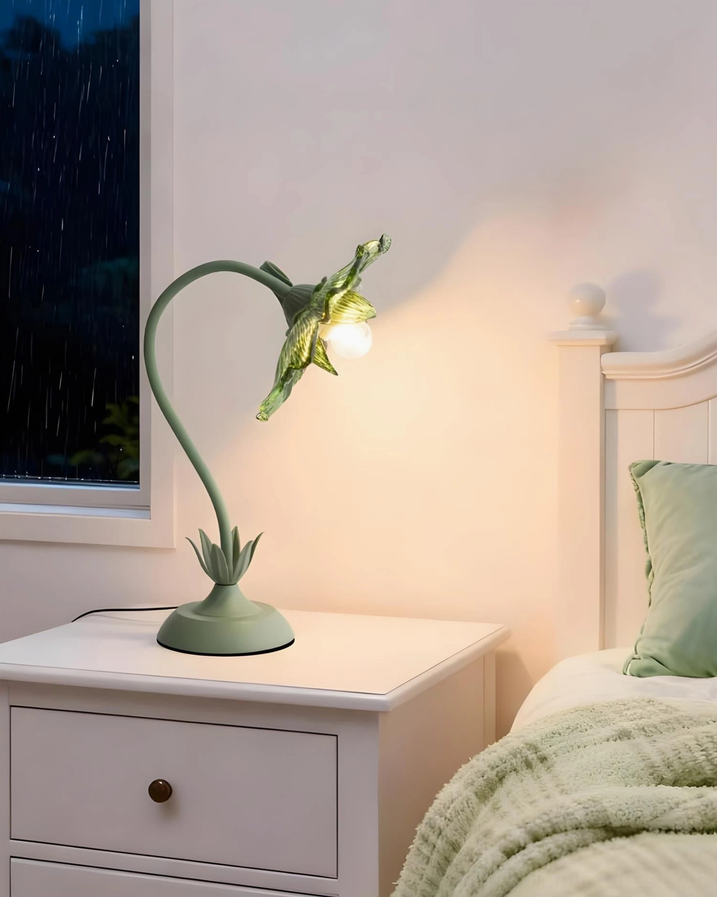 Table lamp creating warm ambient glow in rainy night bedroom setting with atmospheric lighting