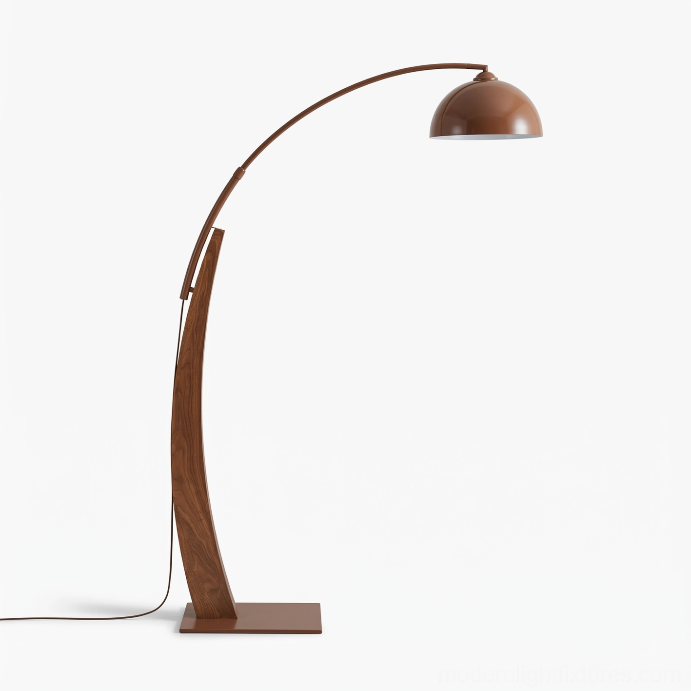 Selmont arc floor lamp with walnut brown wood pole and bronze dome shade, clean minimalist design studio shot