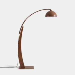 Selmont arc floor lamp with walnut wood base and bronze dome shade, modern minimalist design against white background