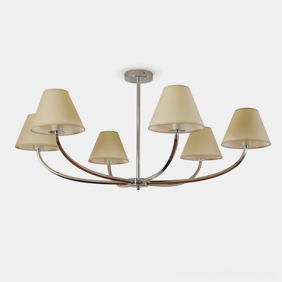 Selmont 6-light curved arm chandelier with polished chrome frame and beige fabric shades, frontal view on white background