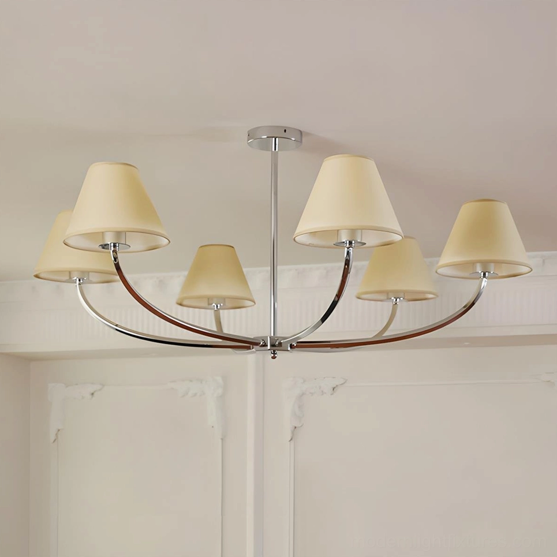 Selmont 6-light chandelier with chrome frame and beige parchment fabric lampshades close-up detail