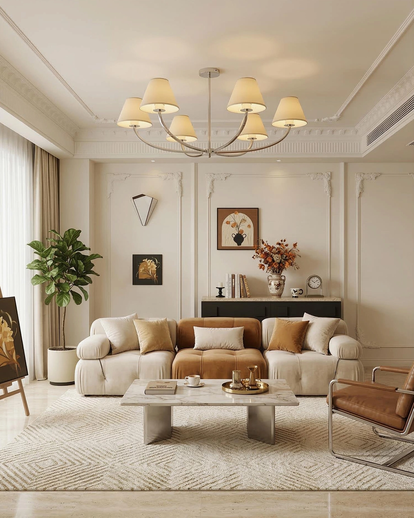 Contemporary 6-light chandelier in cozy modern living room with warm neutral color palette and elegant furnishings
