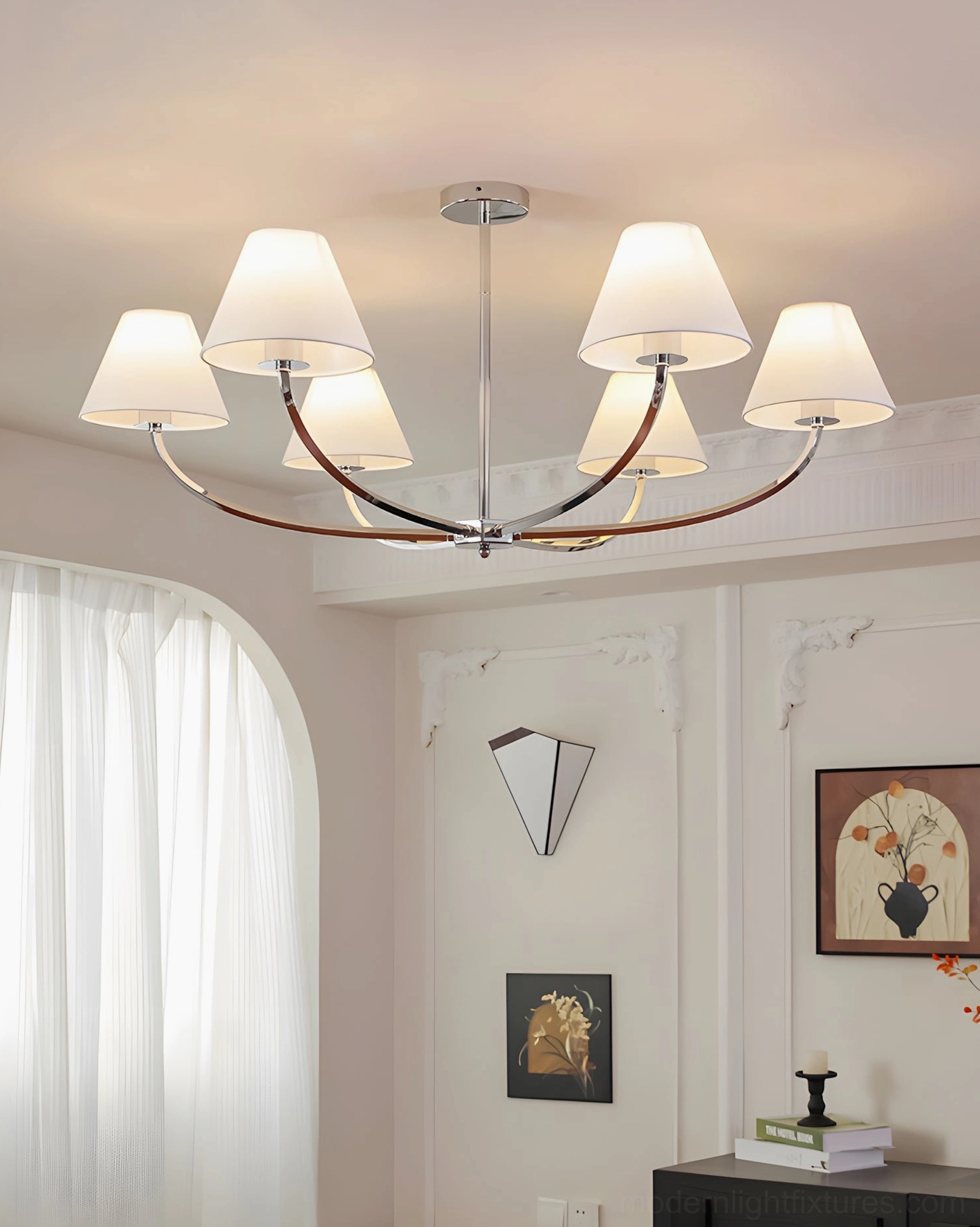 Selmont modern chandelier detail view showing curved arm construction and chrome metal finishing