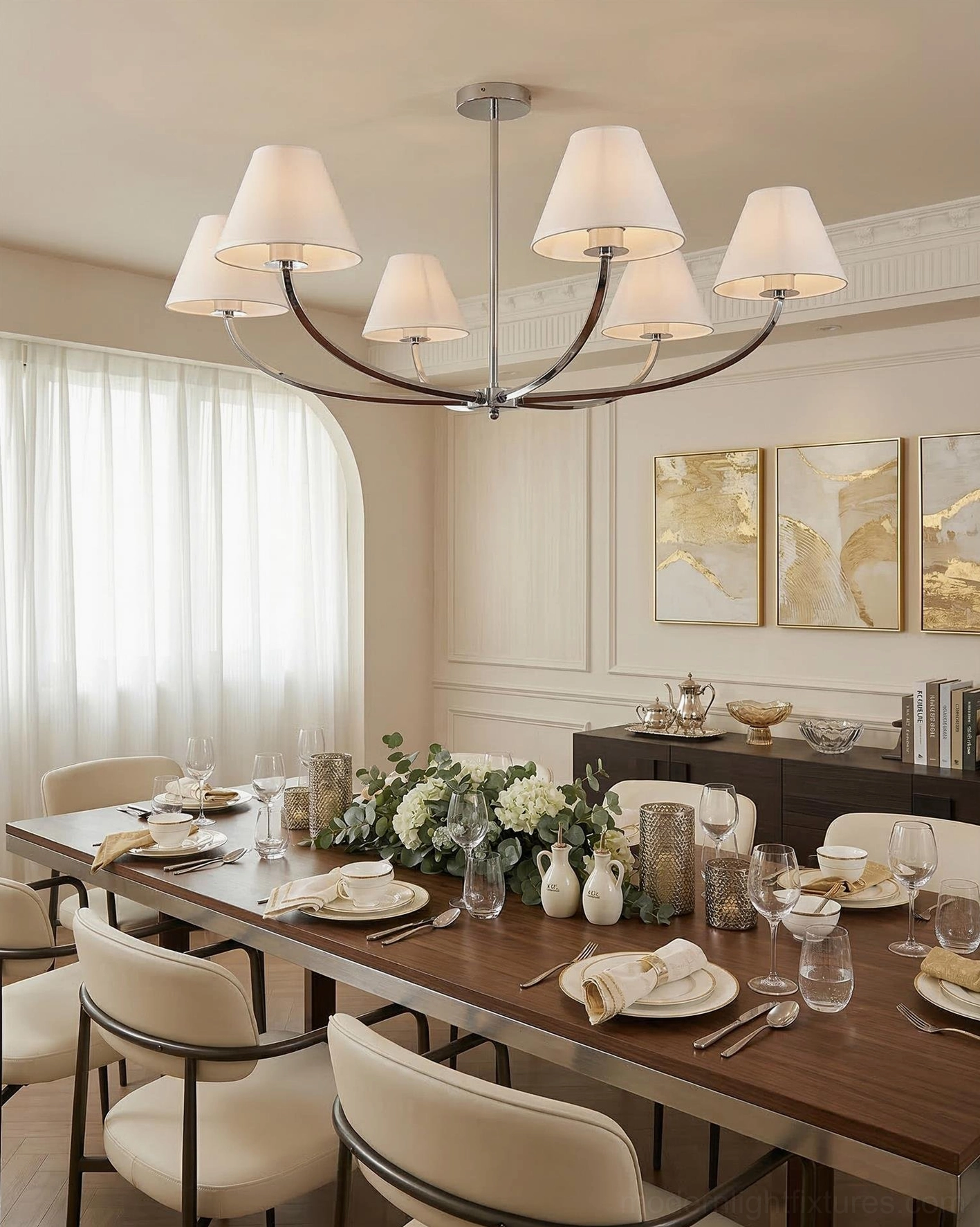 Formal modern dining room with Selmont curved arm chandelier featuring wider beige fabric shades and dark metal arms