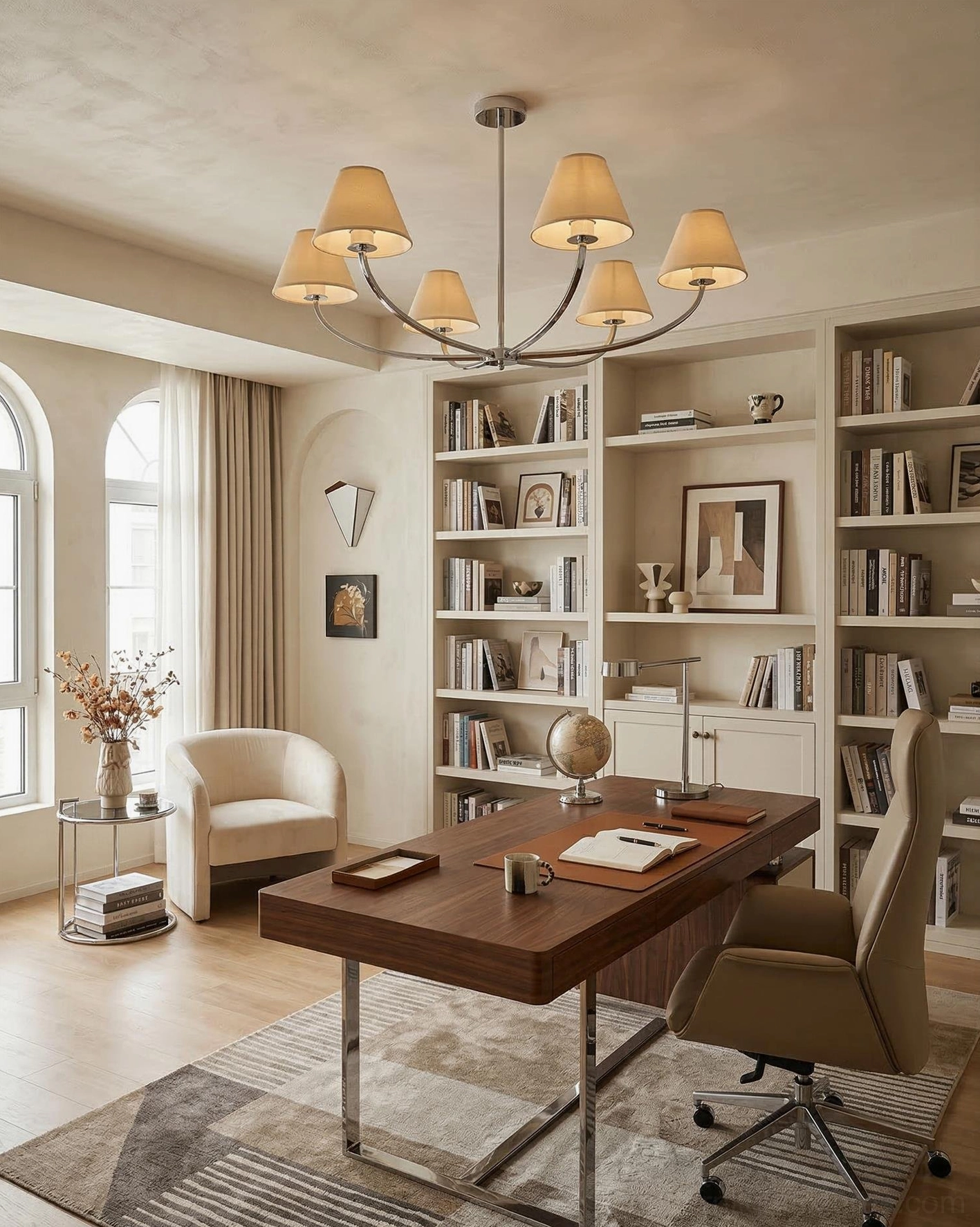 Selmont curved arm chandelier in modern home office with built-in bookshelves and warm minimalist styling
