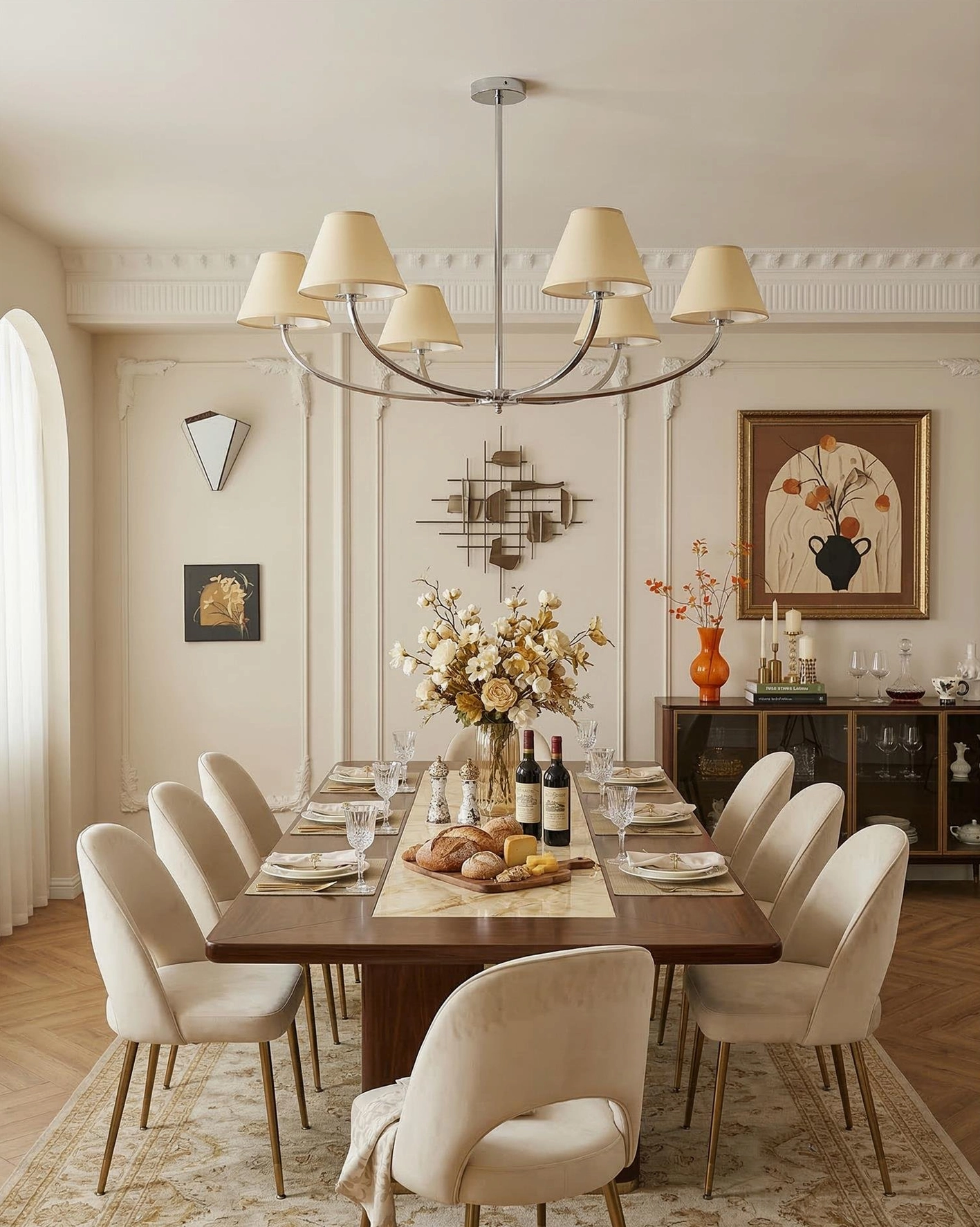 Modern curved arm chandelier installed in bright contemporary living room with minimalist warm neutral decor