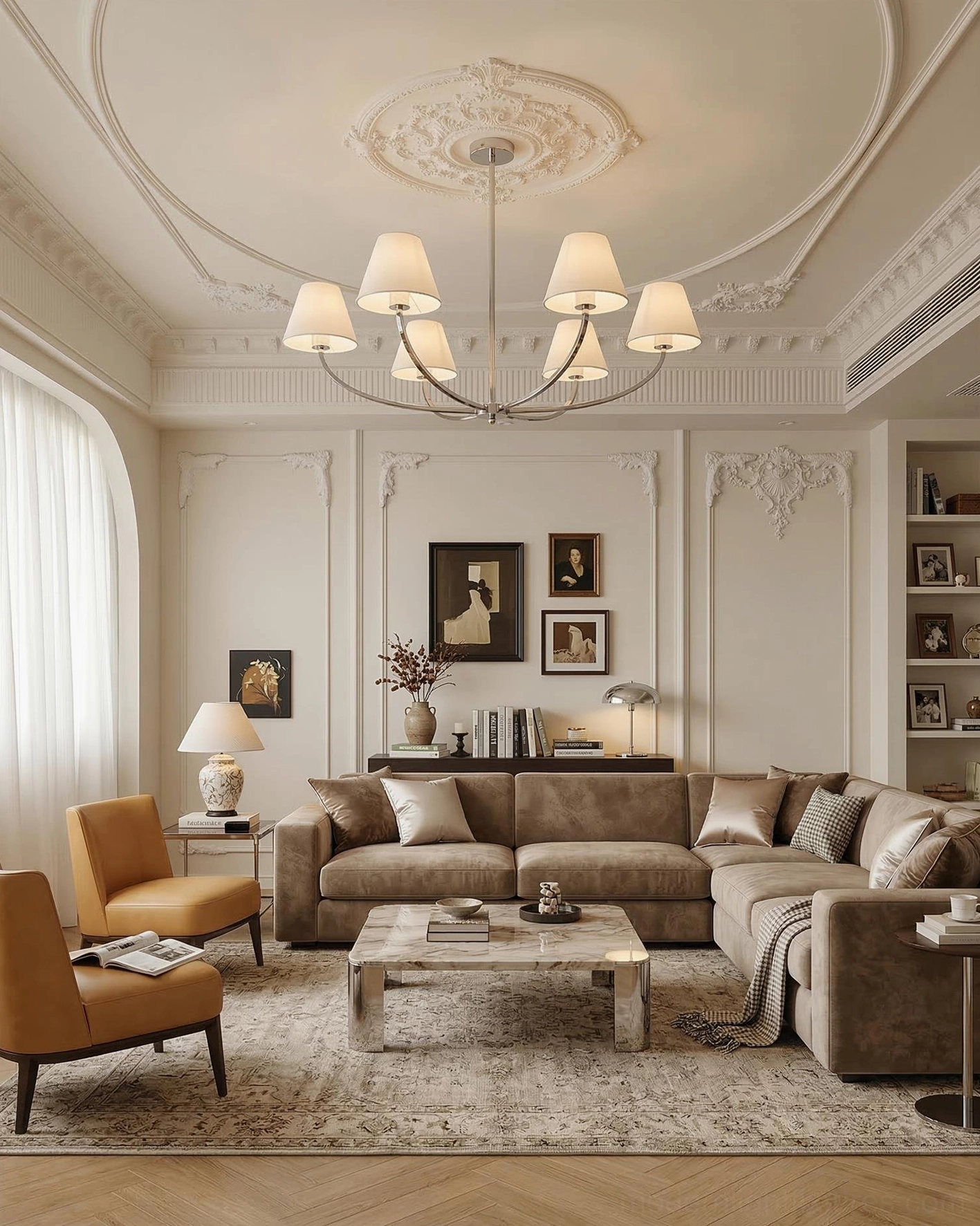 Luxury neoclassical living room with Selmont 6-light curved chandelier as focal point above seating area
