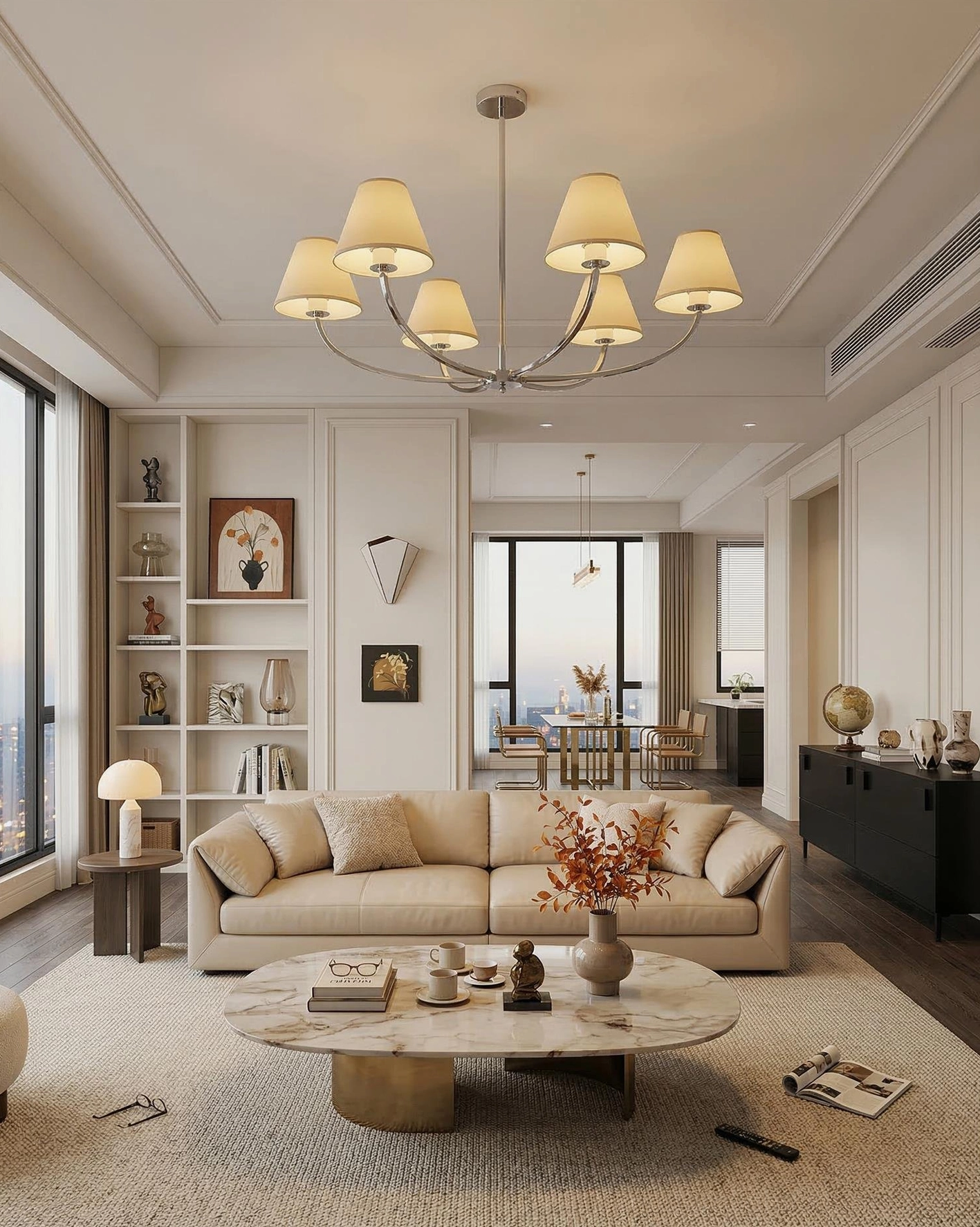 Bright open-concept modern living room with Selmont 6-light chandelier in minimalist warm home setting