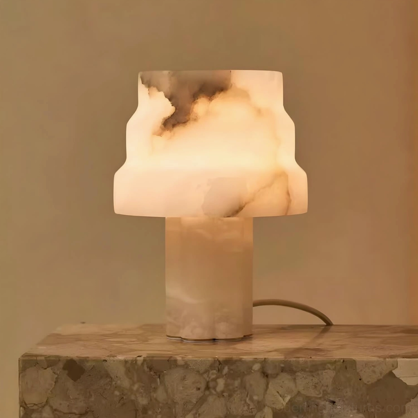 Selmora alabaster sculptural table lamp architectural form and monolithic design from contemporary perspective