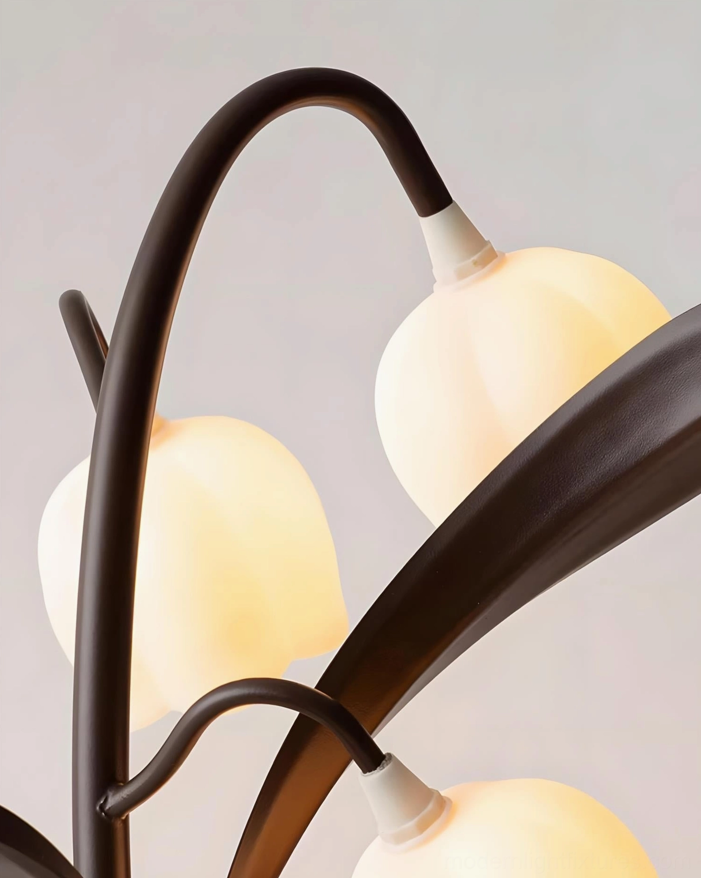 Botanical branch table lamp sculptural details showing organic metal framework and five frosted shades