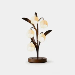 Selora botanical branch table lamp front full view with dark walnut metal frame and frosted glass bud shades on white background