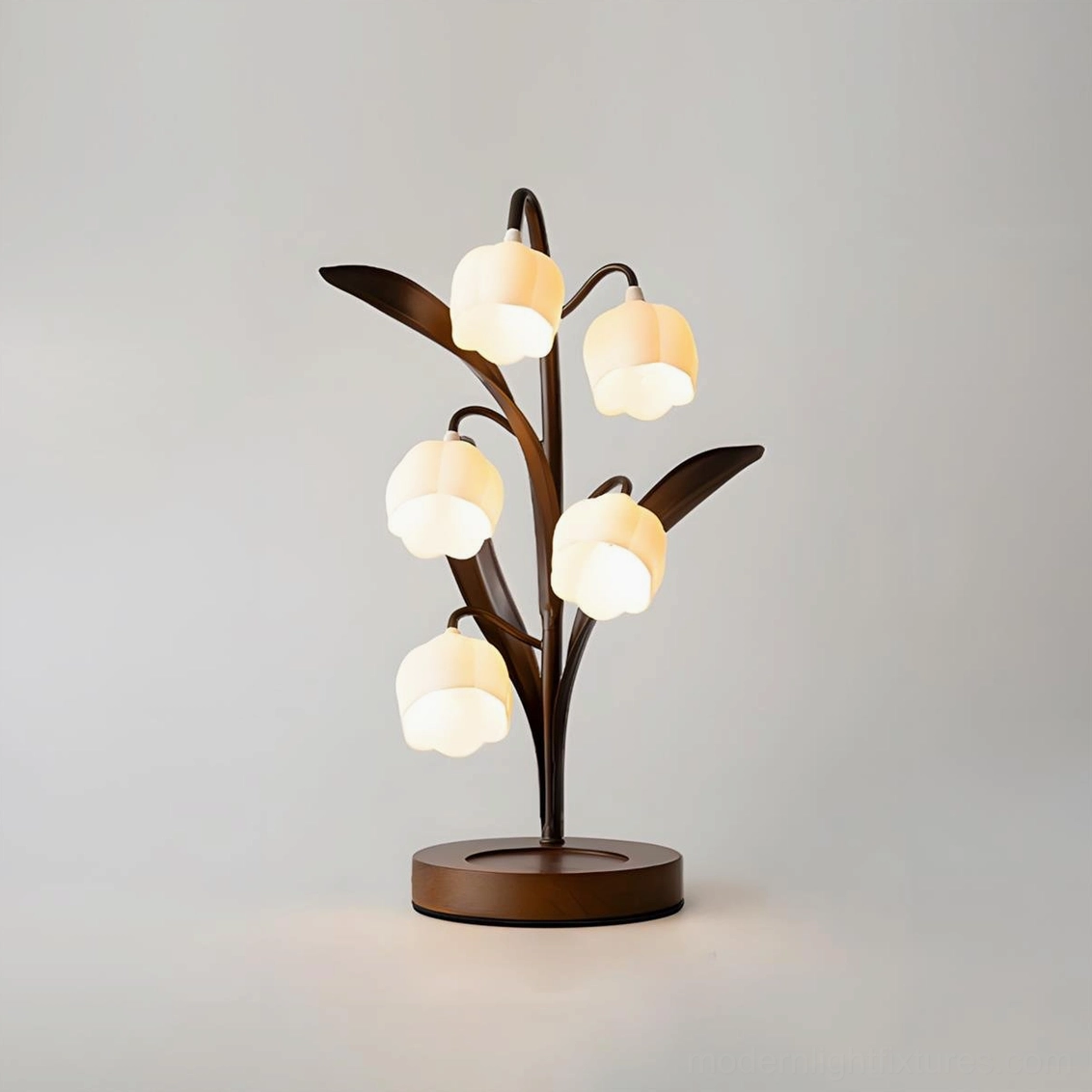 Unique bud-shaped frosted glass shade arrangement on dark brown metal botanical branch frame
