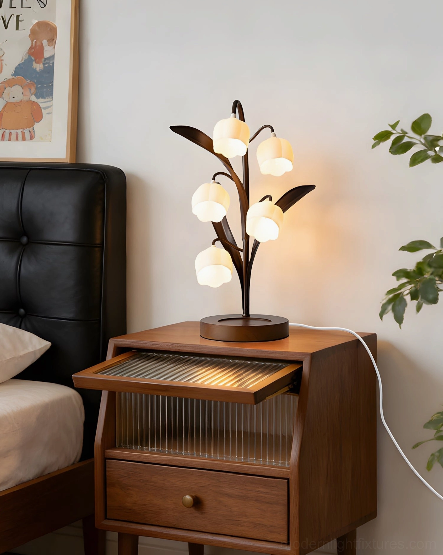 Frosted glass botanical lamp on walnut wood nightstand with storage in contemporary bedroom