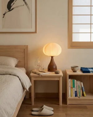 Modern sculptural table lamp with warm glowing spherical shade and natural wood base on bedroom nightstand