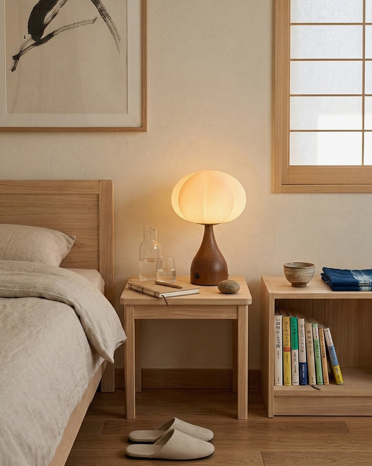 Modern sculptural table lamp with warm glowing spherical shade and natural wood base on bedroom nightstand