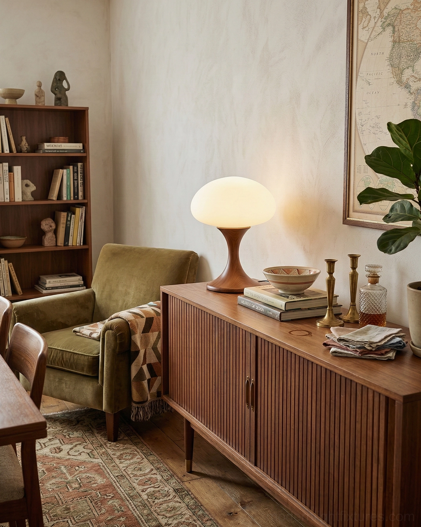 Bohemian-style table lamp with rounded white shade and natural wood grain base beside bookshelf