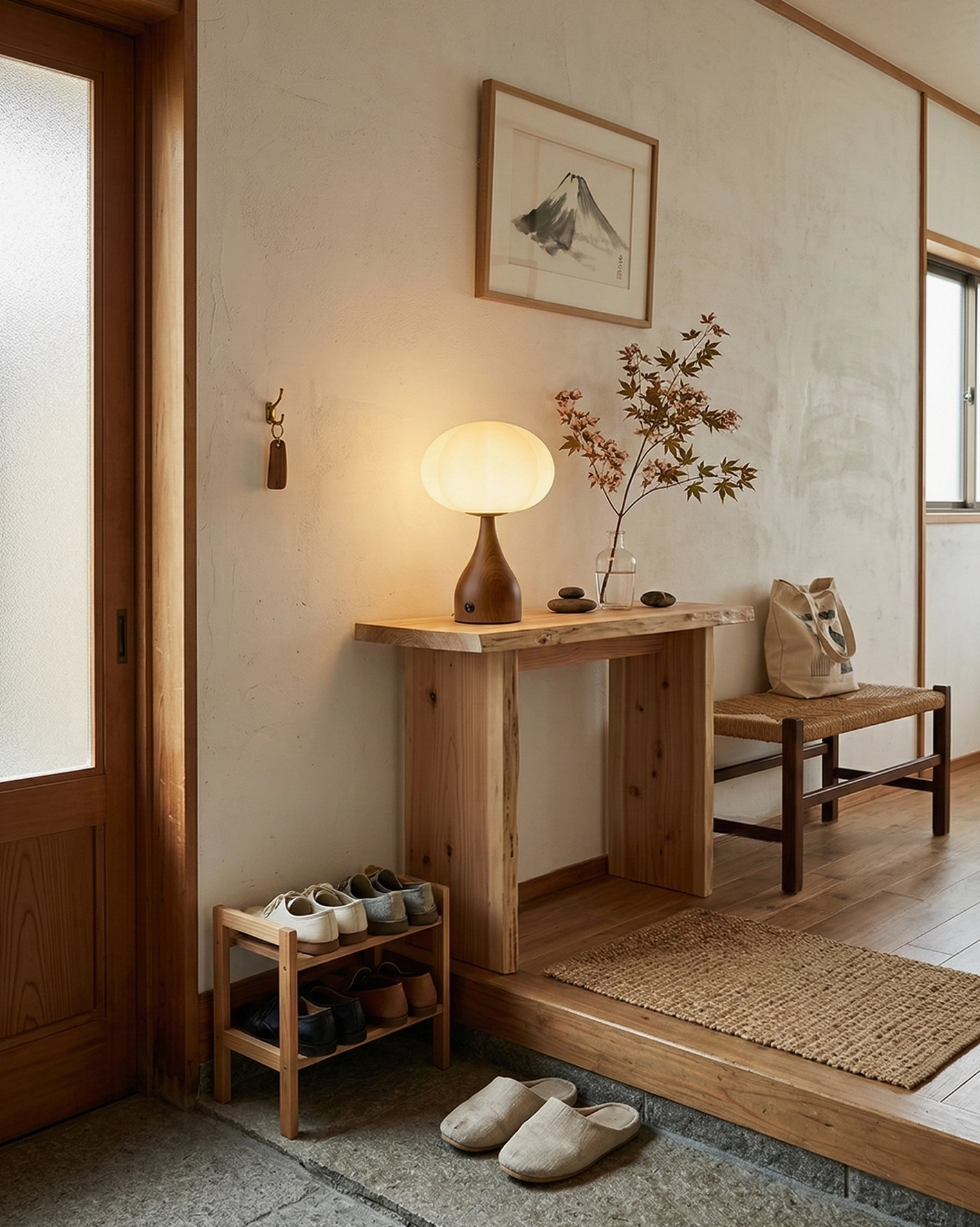 Contemporary mushroom-shaped table lamp creating warm accent lighting on home entryway console
