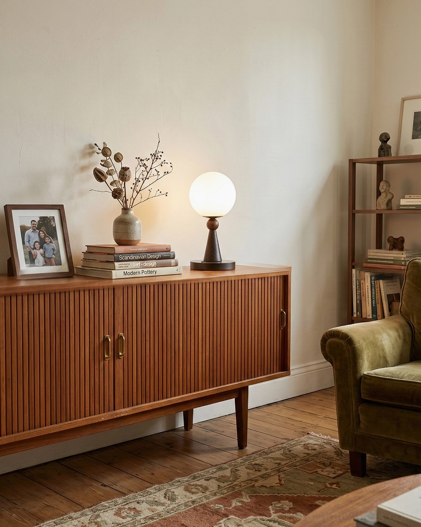 Retro-modern table lamp with white globe shade and dark wood base next to green velvet armchair in living room
