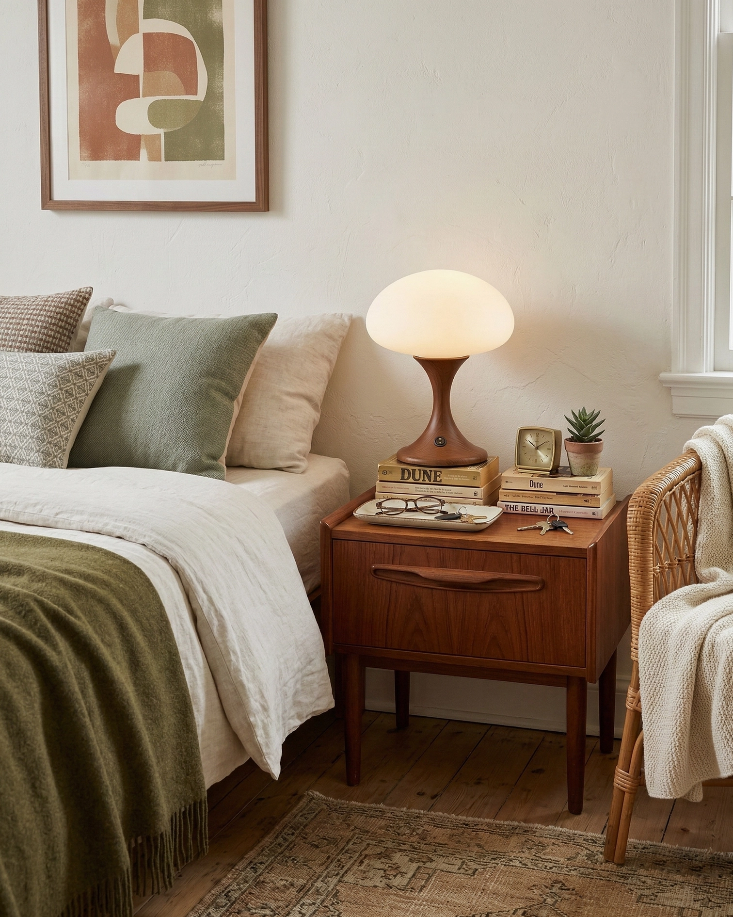 Modern minimalist table lamp on small wooden nightstand with layered neutral bedding in contemporary bedroom