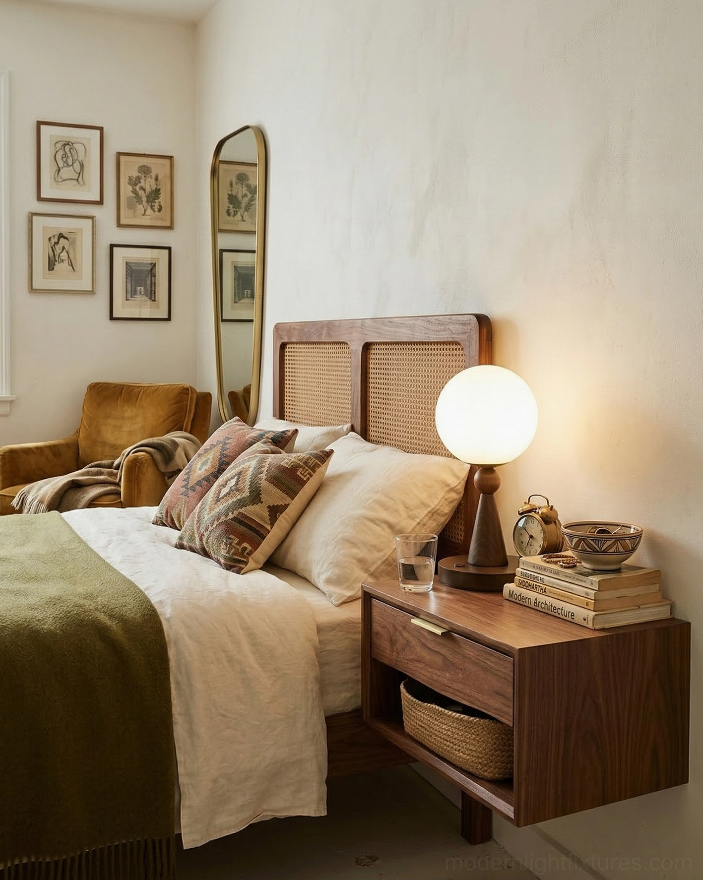 Retro-modern table lamp with opal glass dome and natural wood base, architectural lighting design