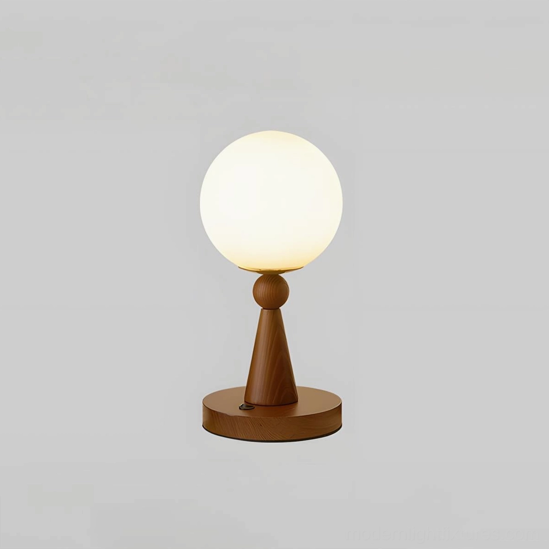 Walnut color wood base retro-modern table lamp with sculptural glass dome, warm wood tone