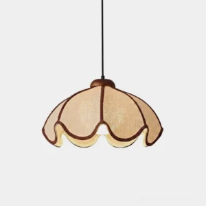Selune scalloped pendant light front view - beige fabric shade with walnut brown trim, six-petal silhouette, vintage cottage pendant light design