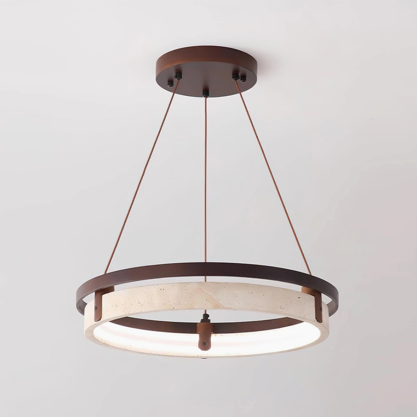Selvino travertine chandelier LED panel detail with downward lighting