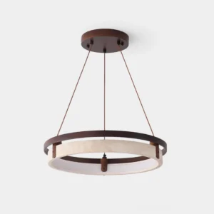 Selvino modern travertine ring LED chandelier front view with warm white light