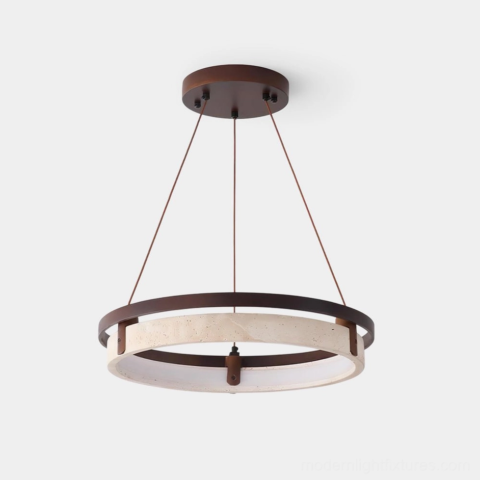 Selvino modern travertine ring LED chandelier front view with warm white light