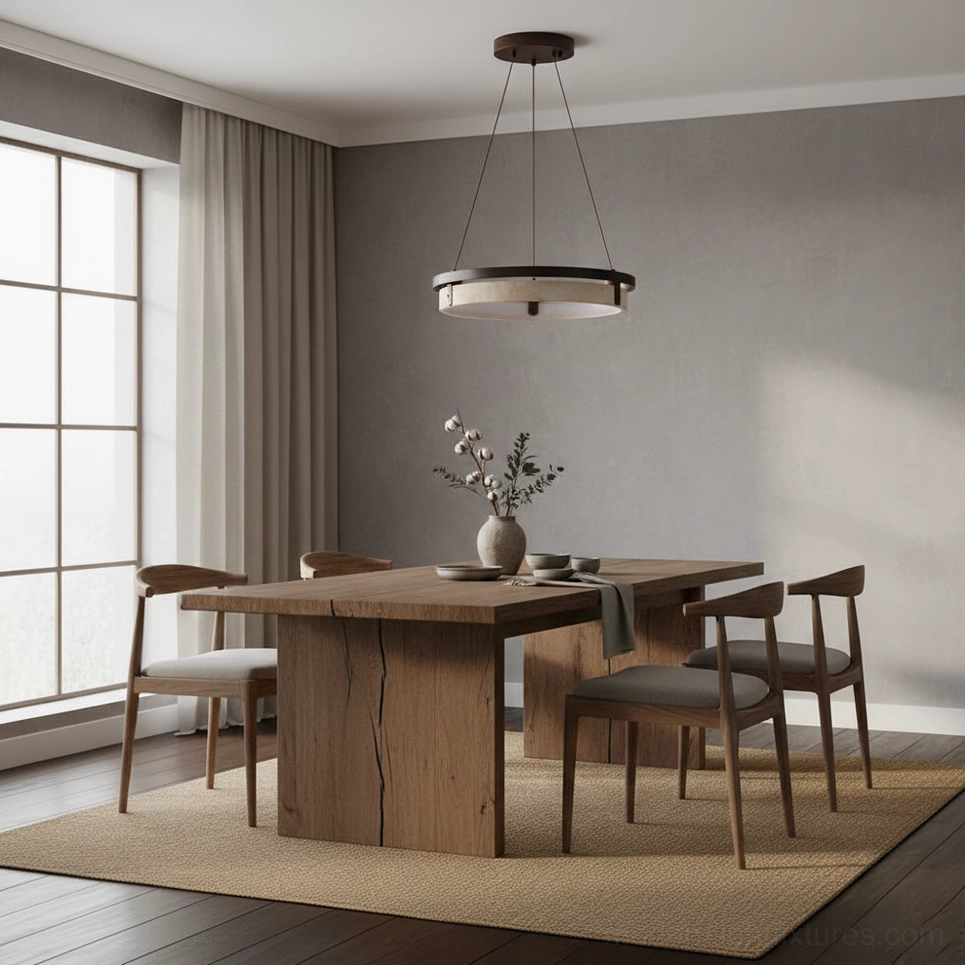 Selvino modern ring chandelier rustic neutral travertine stone detail