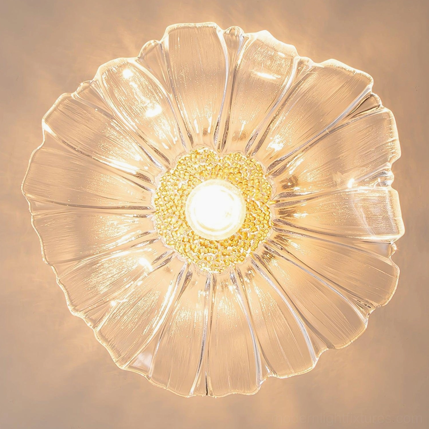 Semi-flush mounted ruffled glass ceiling light fixture with brass hardware creating soft diffused ambient lighting