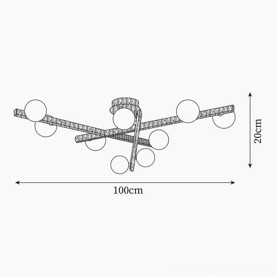 Semi-flush ceiling lamp technical schematic - 100cm L x 20cm H dimensions 10 light head layout