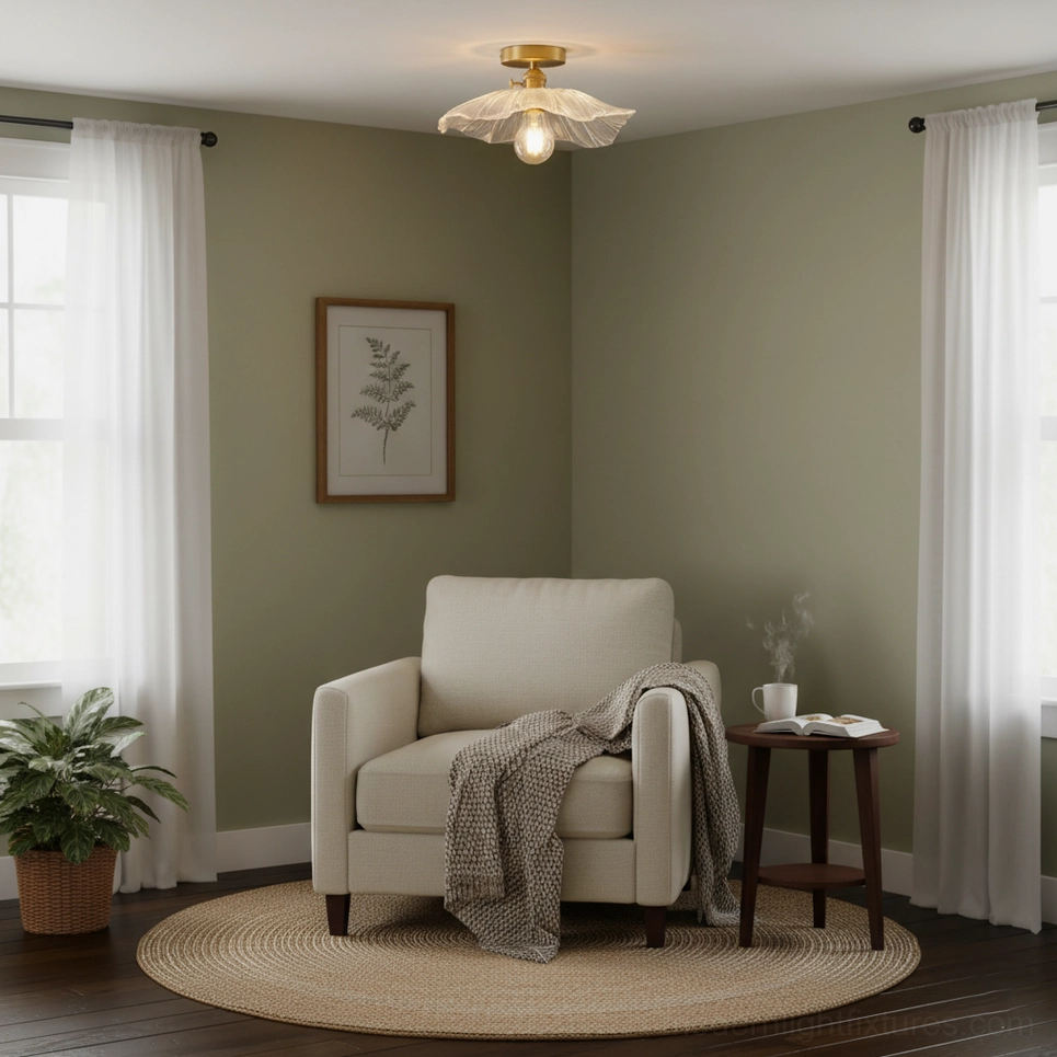 Corner room seating area with ruffled glass semi-flush ceiling light providing warm ambient lighting in minimalist bohemian setting