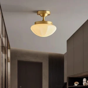 Modern semi-flush ceiling light fixture installed in contemporary entryway with gold base