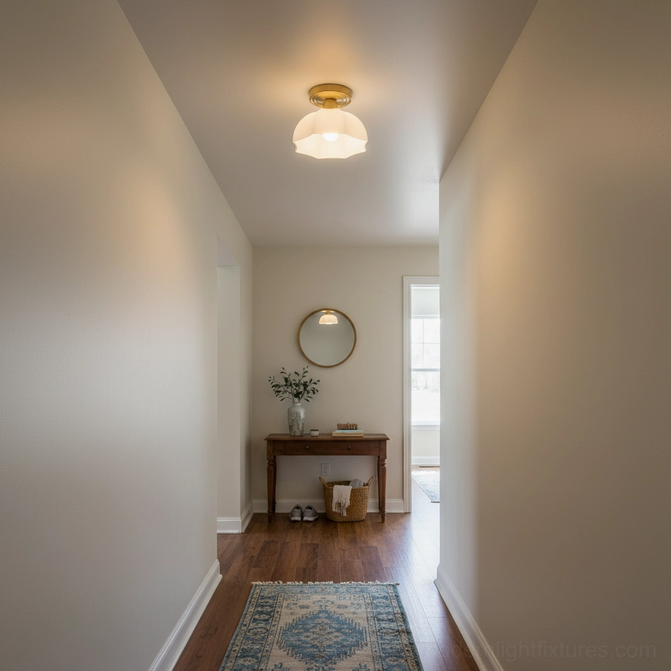 Semi-flush brass ceiling light installed in minimalist residential hallway with warm neutral tones