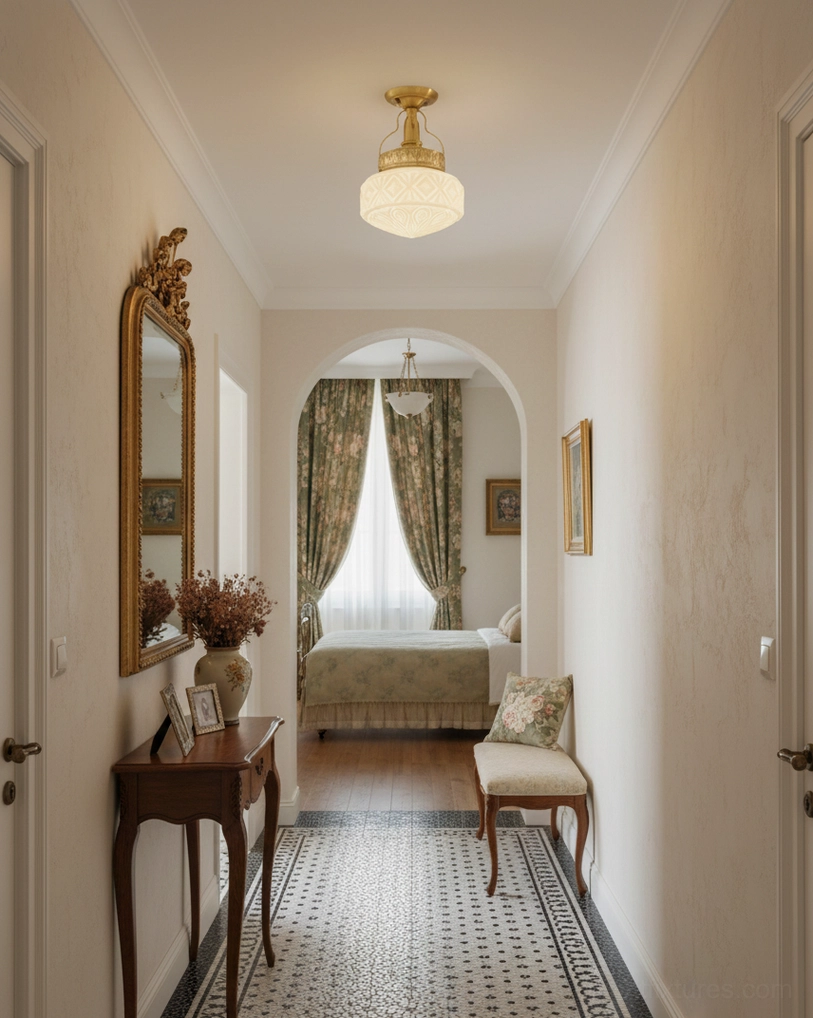 Vintage-style semi-flush ceiling light installed in classic hallway, emitting warm ambient glow throughout corridor