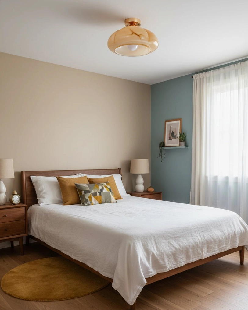 Mid-century modern ceiling light fixture in minimalist bedroom with warm metal hardware accents