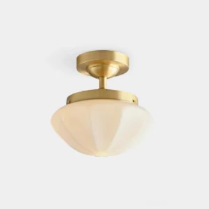 Gold and white semi-flush ceiling light with ribbed glass shade - front studio view