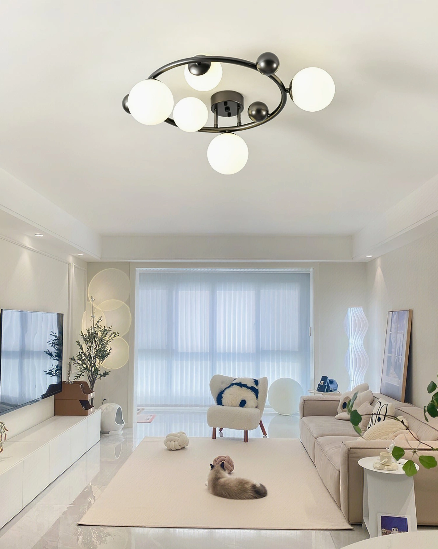 Semi-flush mount sputnik light fixture installed in bright open living room - Nordic minimalist design aesthetic